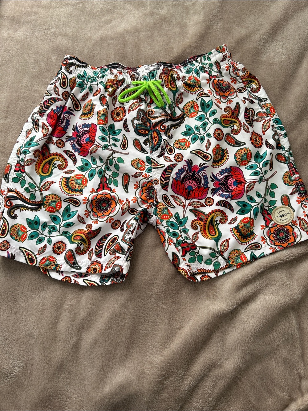Vintage Spicy Tuna Men's Swim Shorts, Size M Small, Paisley/floral pattern, EUC